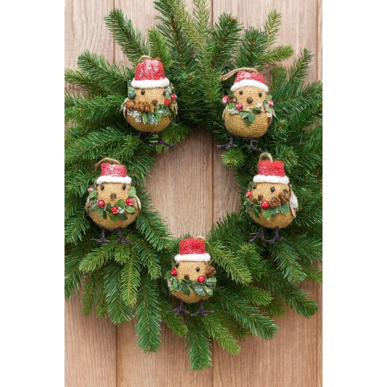 Set of 6 Burlap Bird Ornaments with Santa Hats Rustic Christmas Decor