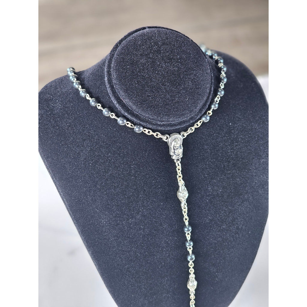 Vintage Black Bead Rosary Necklace Silver Tone Crucifix Catholic