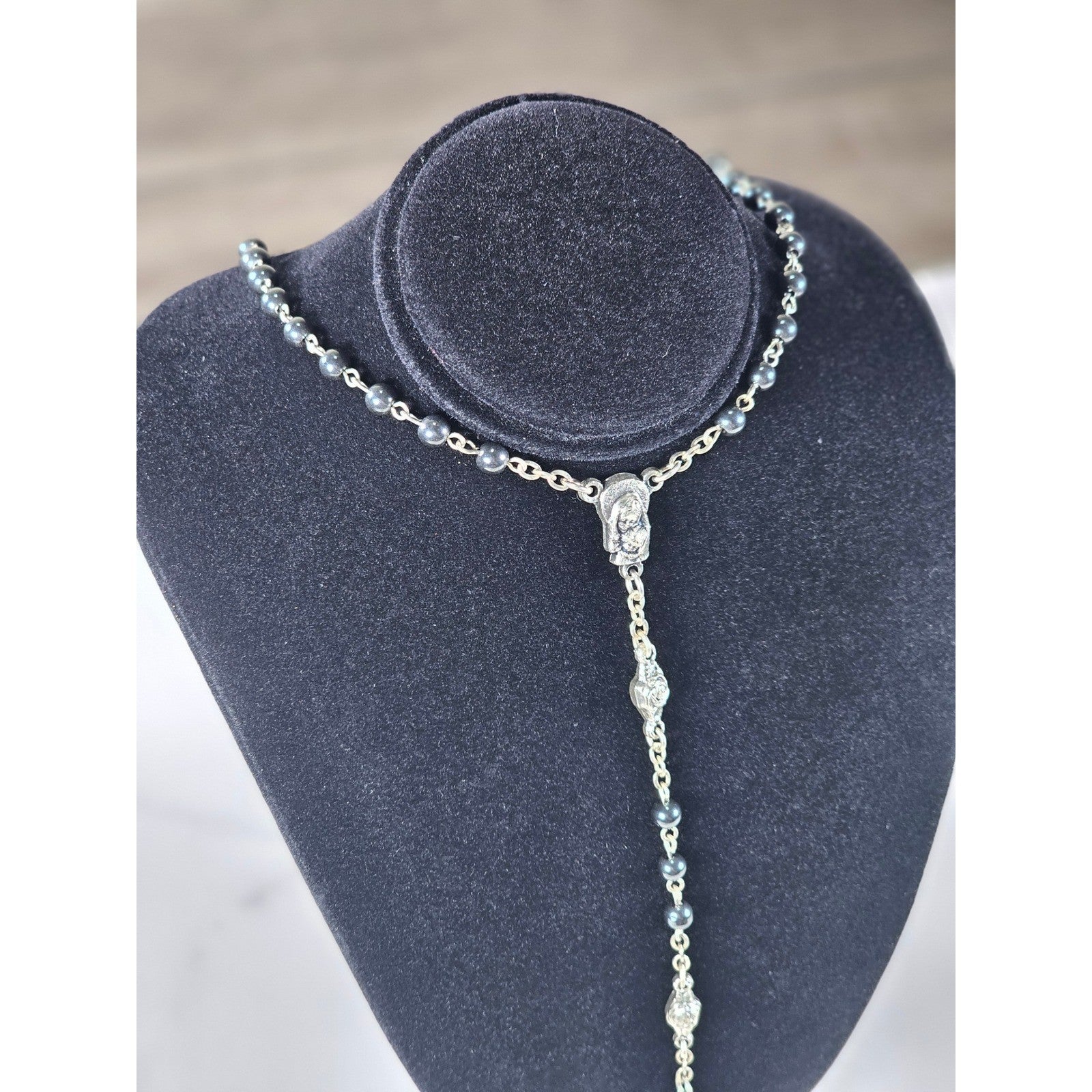 Vintage Black Bead Rosary Necklace Silver Tone Crucifix Catholic