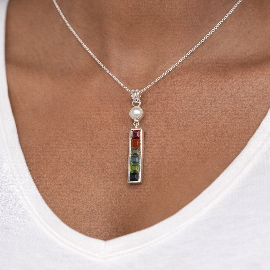 Vintage 925 Sterling Silver Multicolor Bar Pendant with Pearl Accent No Chain