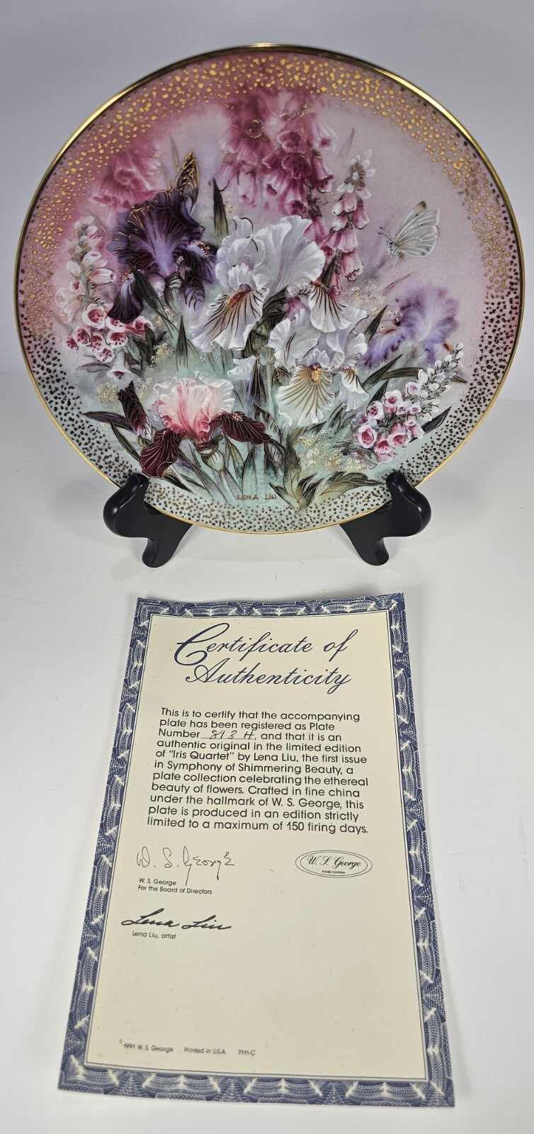 W S George “Iris Quartet” Collector Plate by Lena Liu Fine China Floral