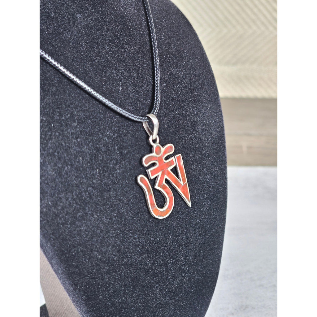 Vintage Sterling Silver Om Pendant Necklace Red Inlay Symbol