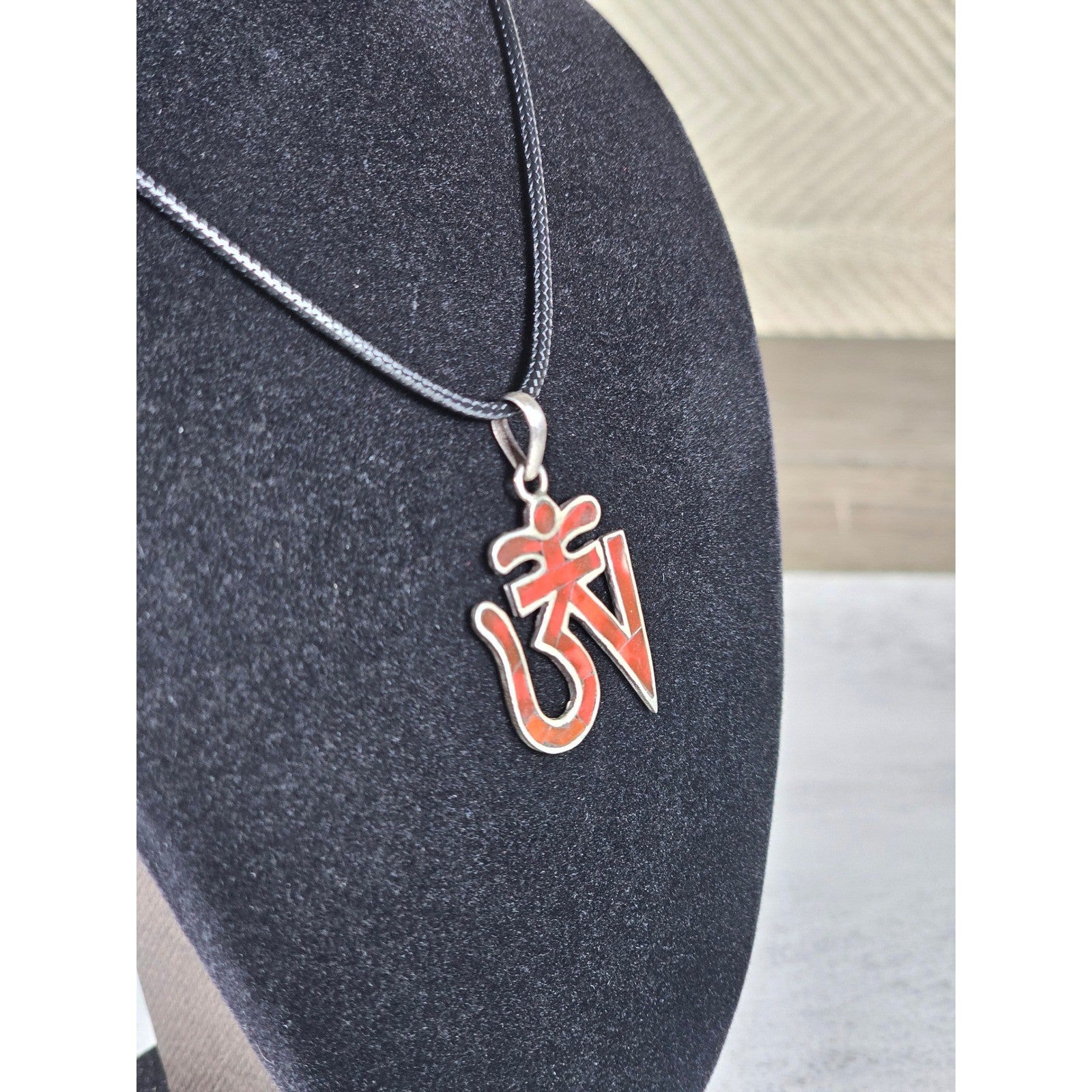 Vintage Sterling Silver Om Pendant Necklace Red Inlay Symbol