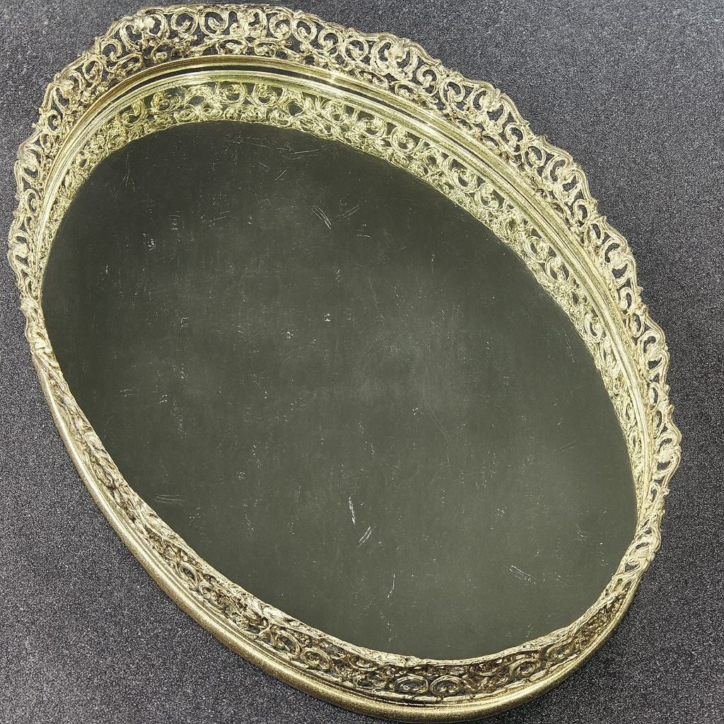 Vintage Oval Glass Mirror Vanity Tray 16 X 12 Ornate Gold-Tone Frame