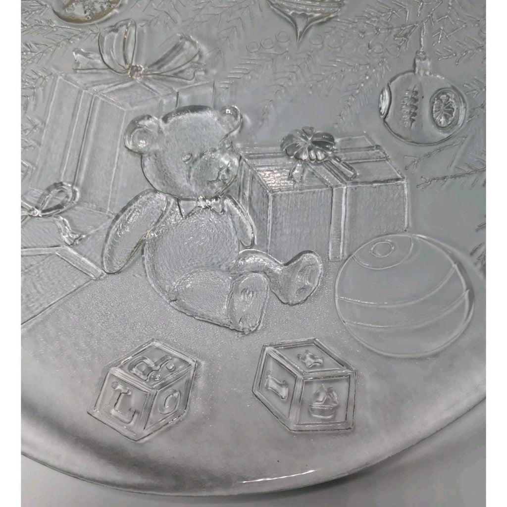 Vintage Christmas Glass Platter Teddy Bear Holiday Serving Plate