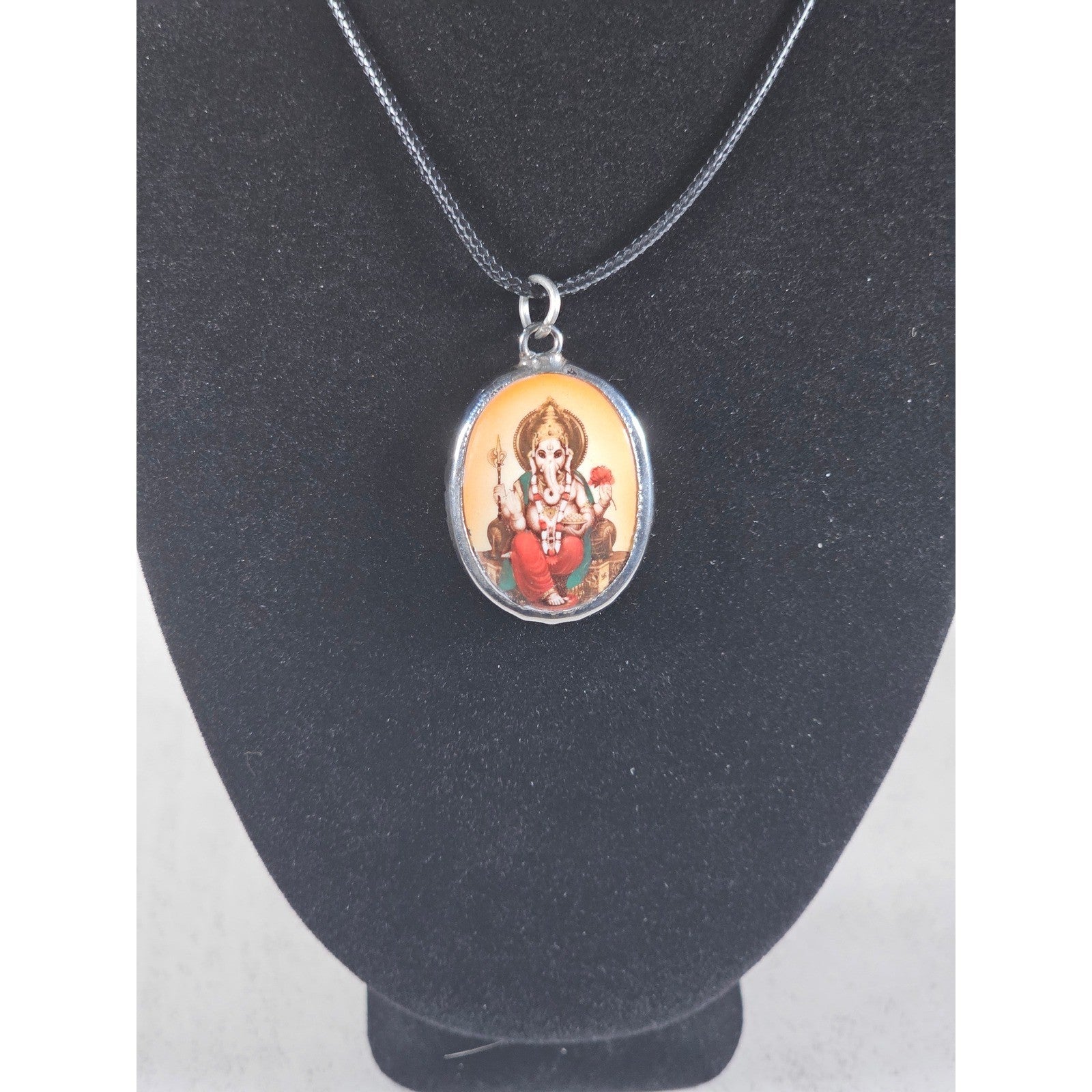 Vintage Ganesha Pendant Necklace Black Cord Oval Cabochon