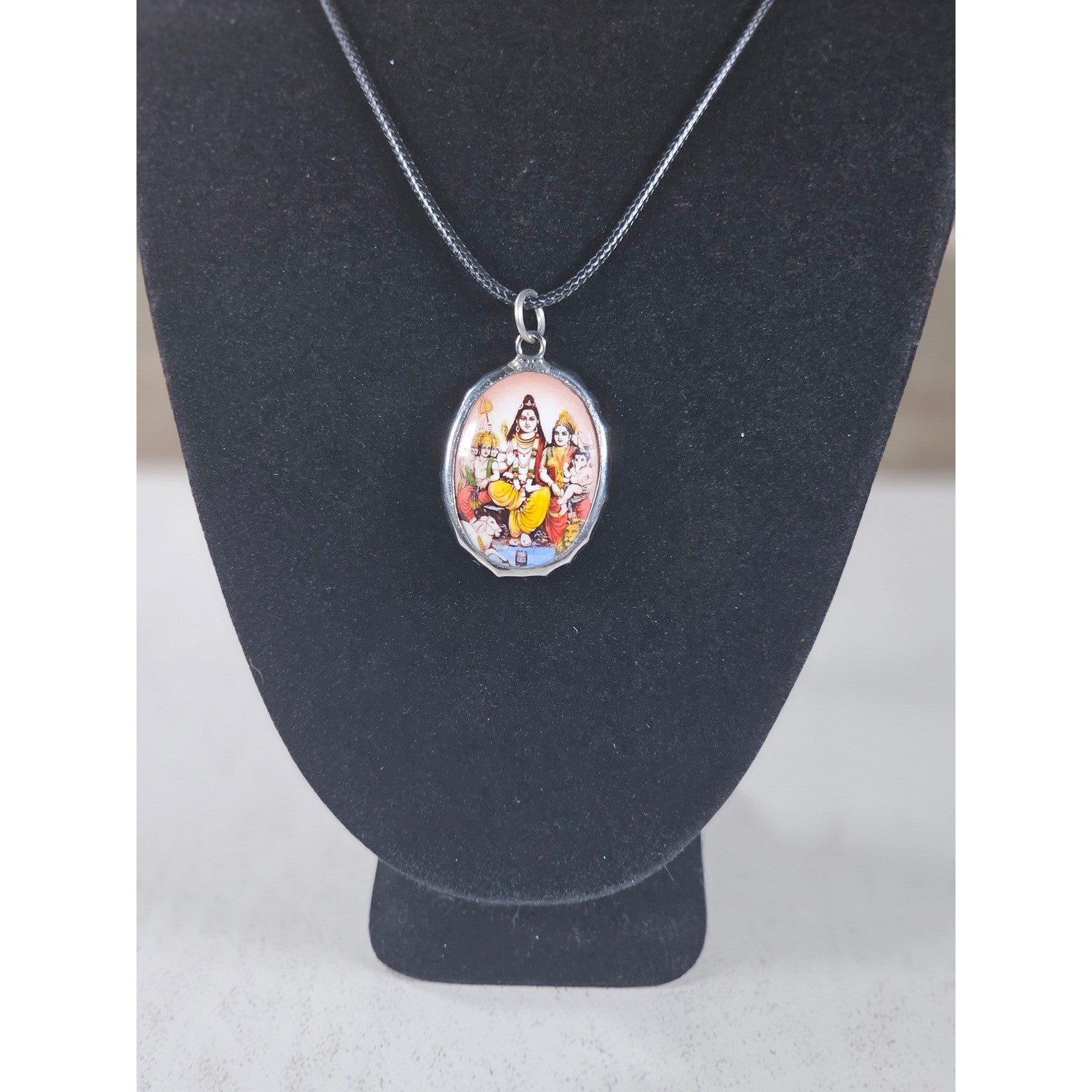 Vintage Hindu Deity Pendant Necklace Oval Religious Charm