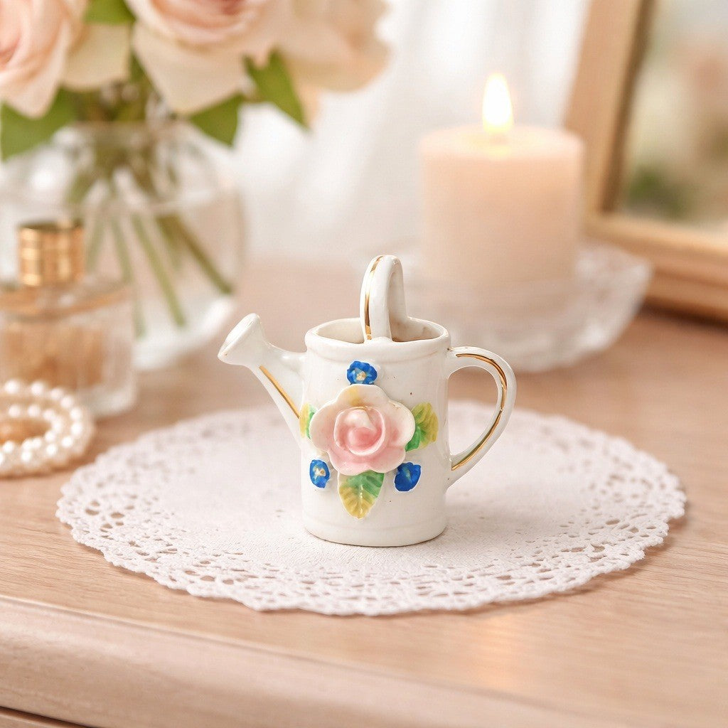 Miniature Vintage Porcelain Watering Can Figurine Roses Gold Trim Japan 2″
