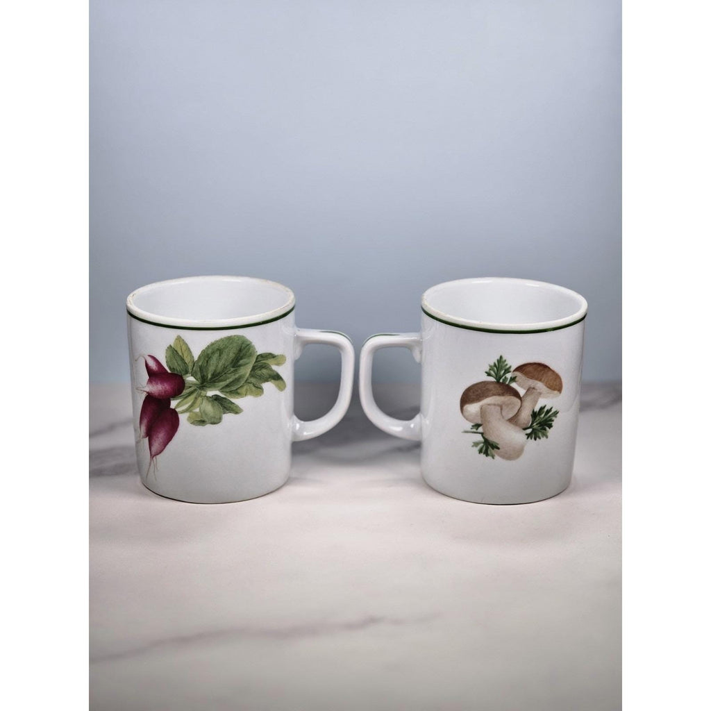 Vintage Lourioux Porcelain Botanical Mugs Set of 2 Radish Mushroom