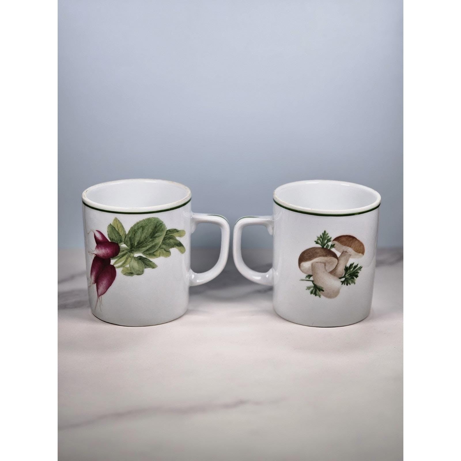 Vintage Lourioux Porcelain Botanical Mugs Set of 2 Radish Mushroom