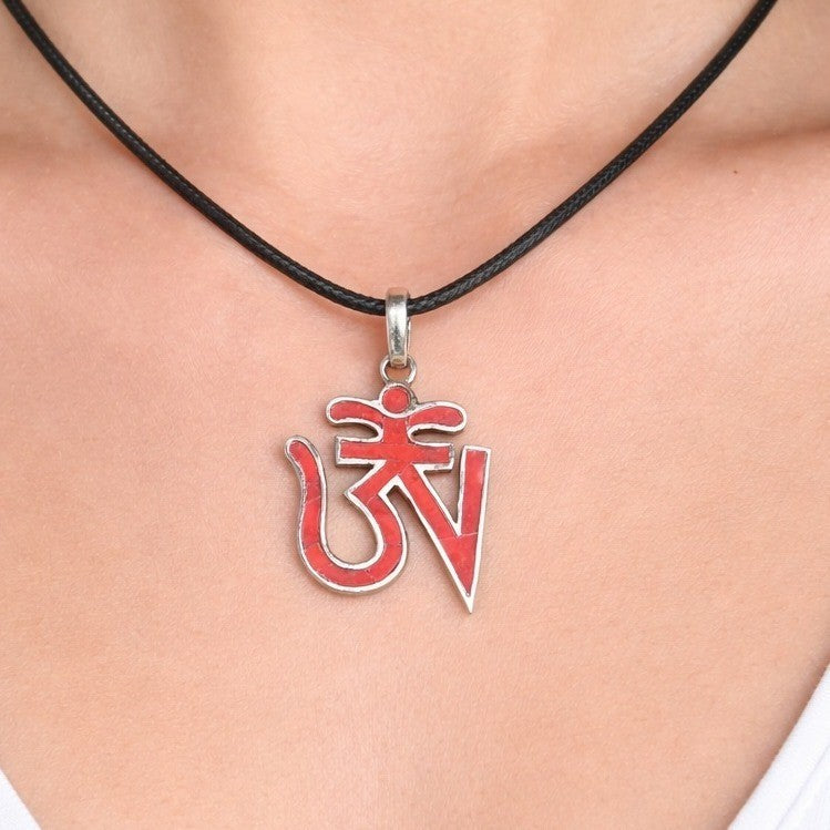 Vintage Sterling Silver Om Pendant Necklace Red Inlay Symbol