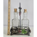 Vintage Oil Vinegar Cruet Set Glass Bottles Metal Caddys