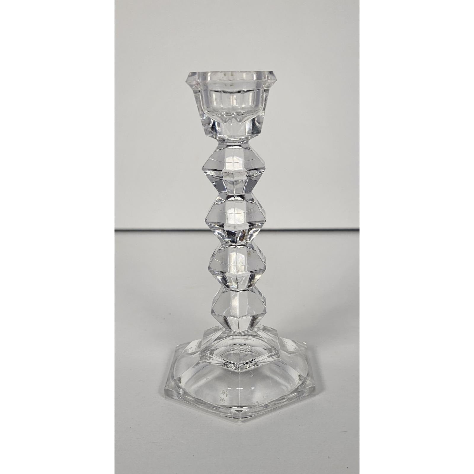Vintage Faceted Crystal Candlestick Holder Hexagonal Base 5 Inch