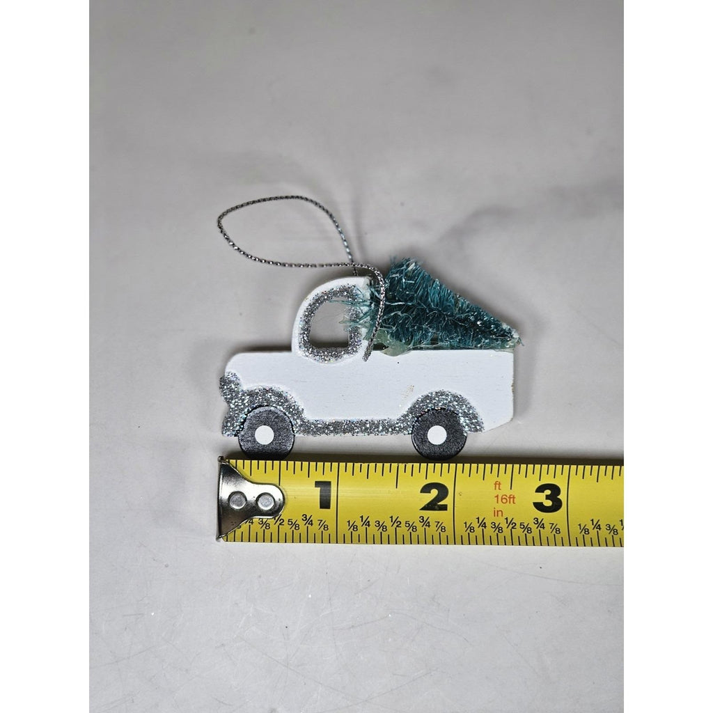 Set of 5 White Pickup Truck Christmas Ornaments with Tree Glitter Holiday Decor