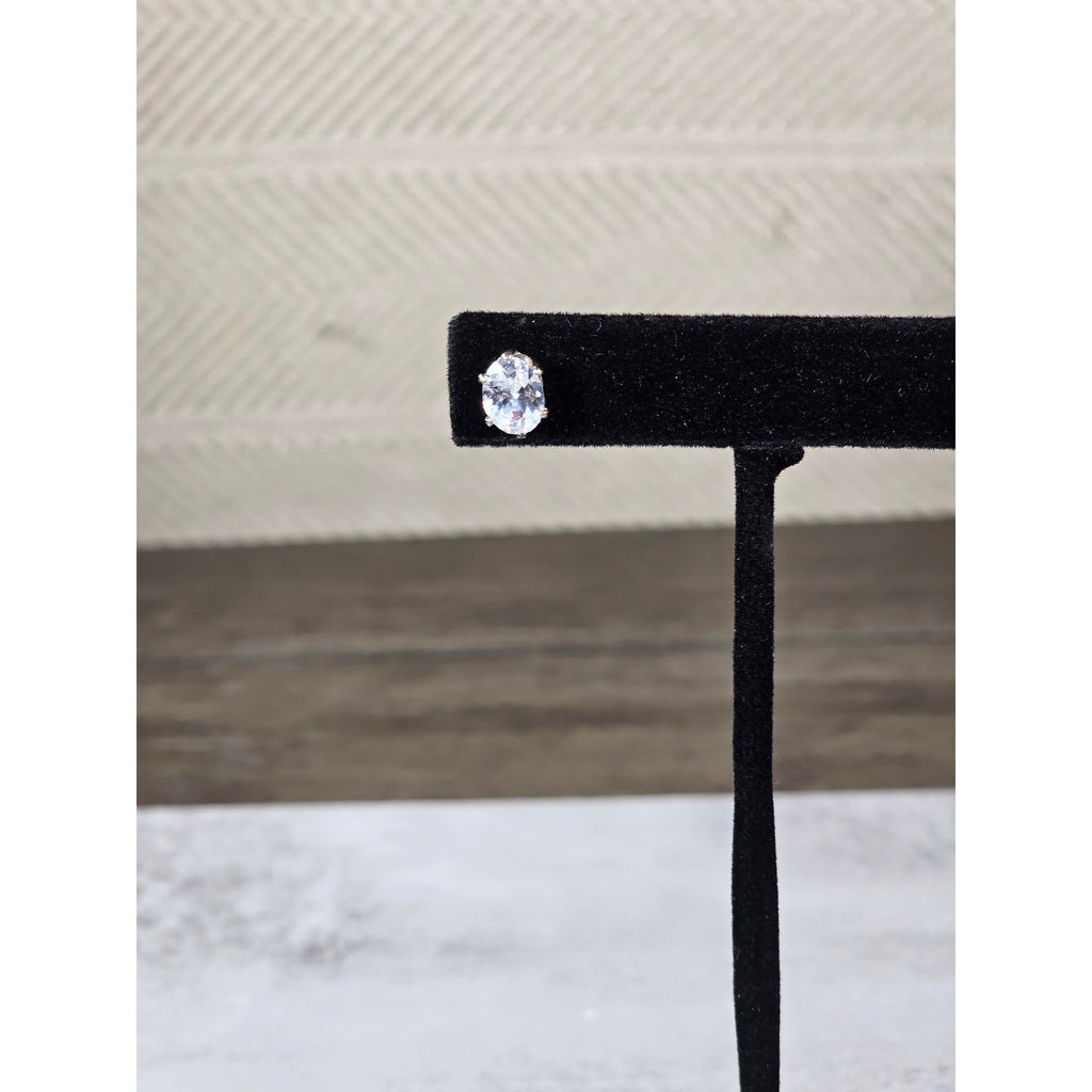 Vintage Oval Clear Rhinestone Stud Earrings Silver Tone Posts