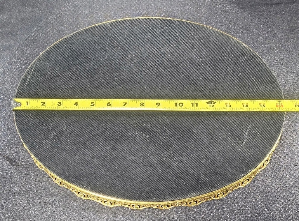 Vintage Oval Mirror Vanity Tray With Ornate Gold Filigree Design