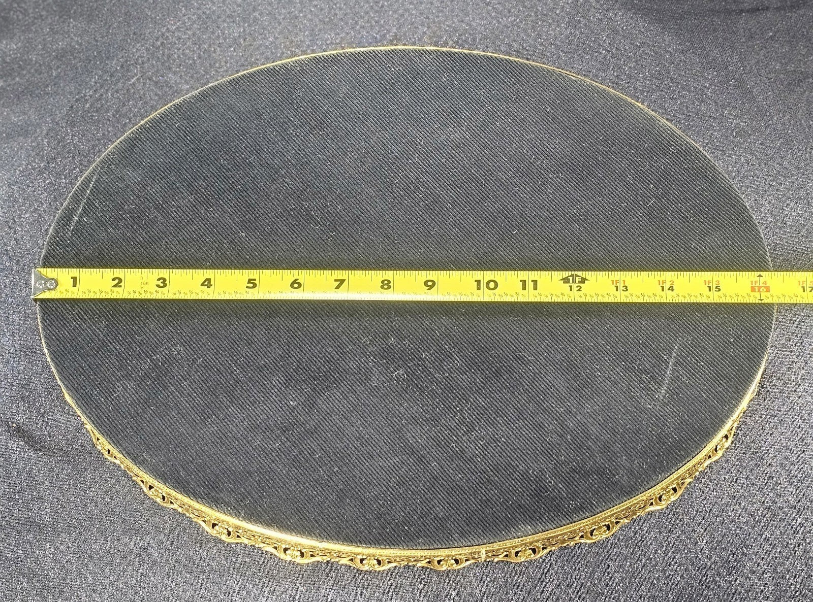 Vintage Oval Mirror Vanity Tray With Ornate Gold Filigree Design