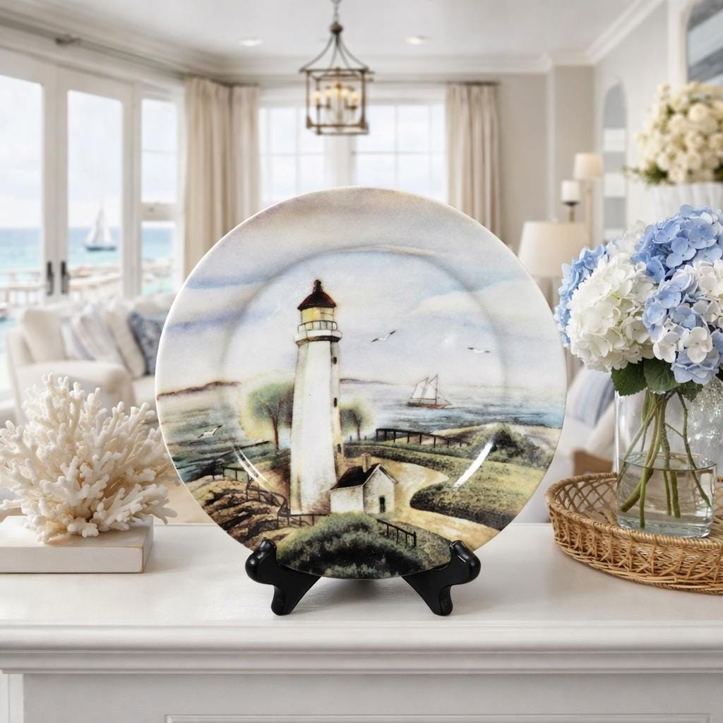 Vintage Coastal Lighthouse Decorative Plate Nautical Sailboat Seagulls 8 Inch
