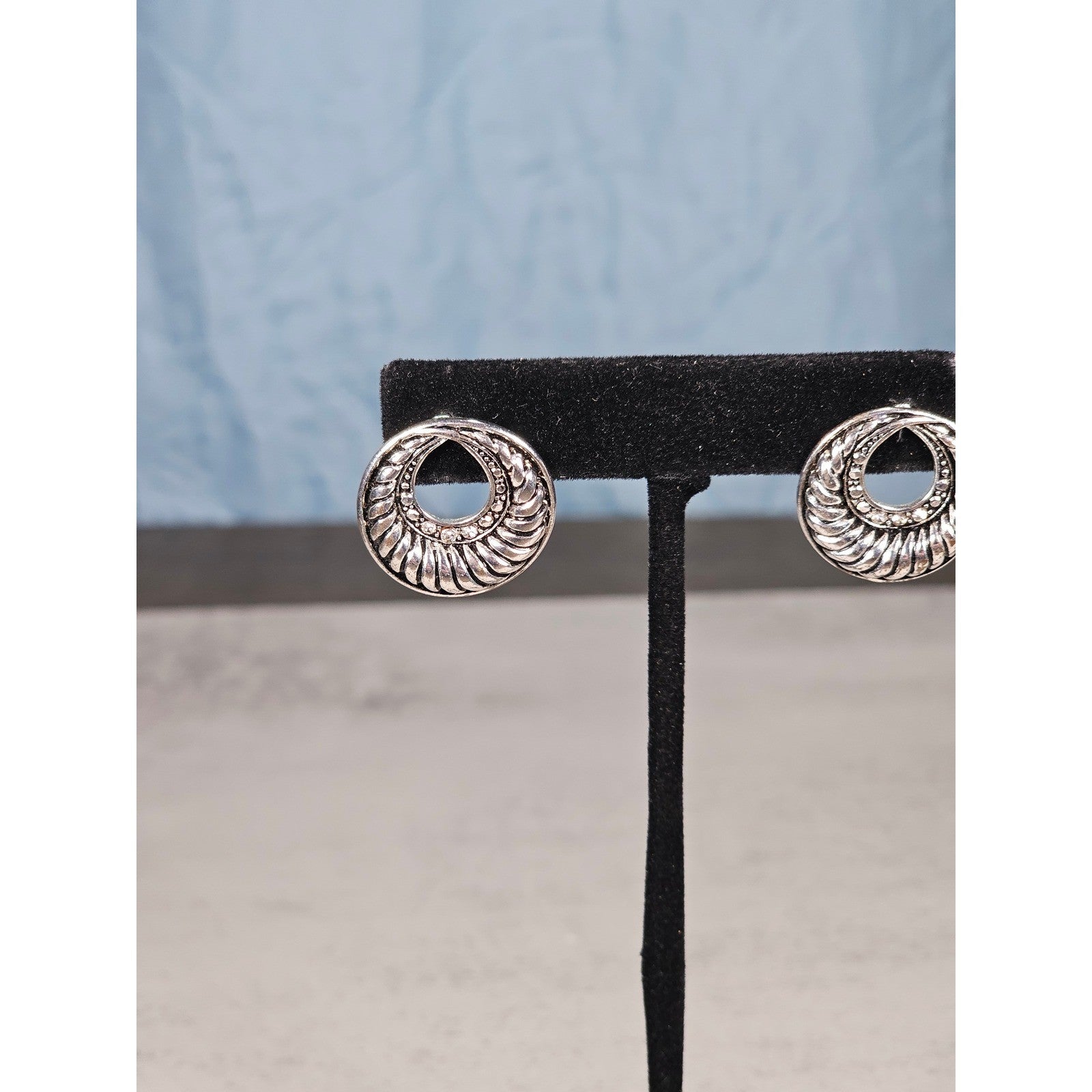 Vintage Silver-Tone Swirl Circle Stud Earrings with Rhinestone Accent