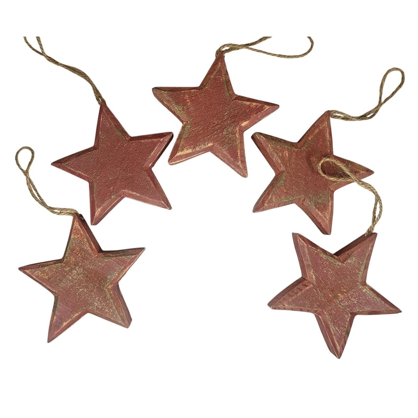 Set of 5 Rustic Wooden Stars | Burgundy Distressed Farmhouse Decor