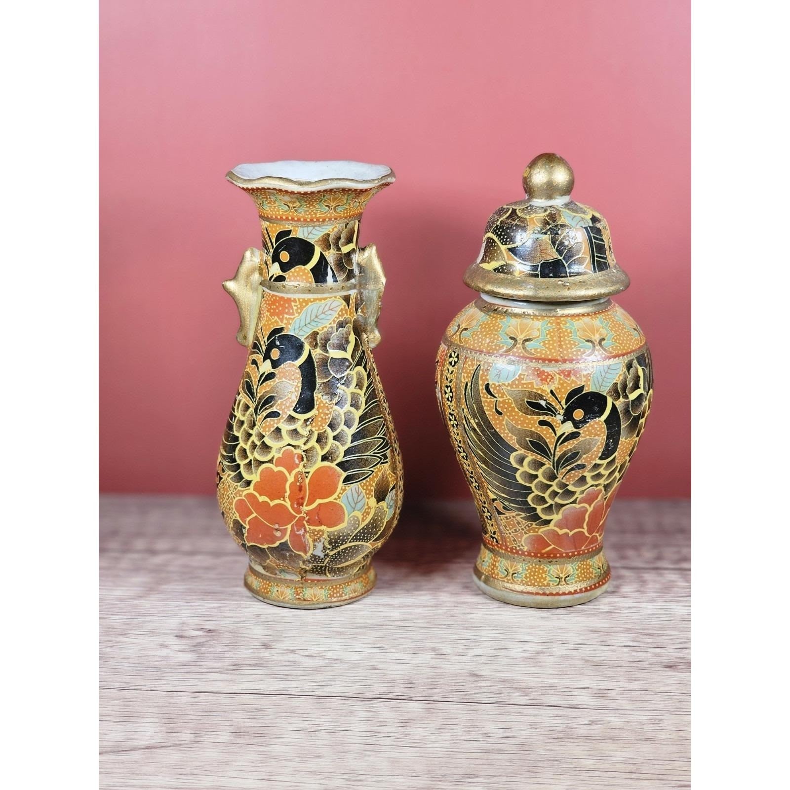 Vintage Chinese Enameled Vase & Covered Jar Set – Feng Huang Bird Motif