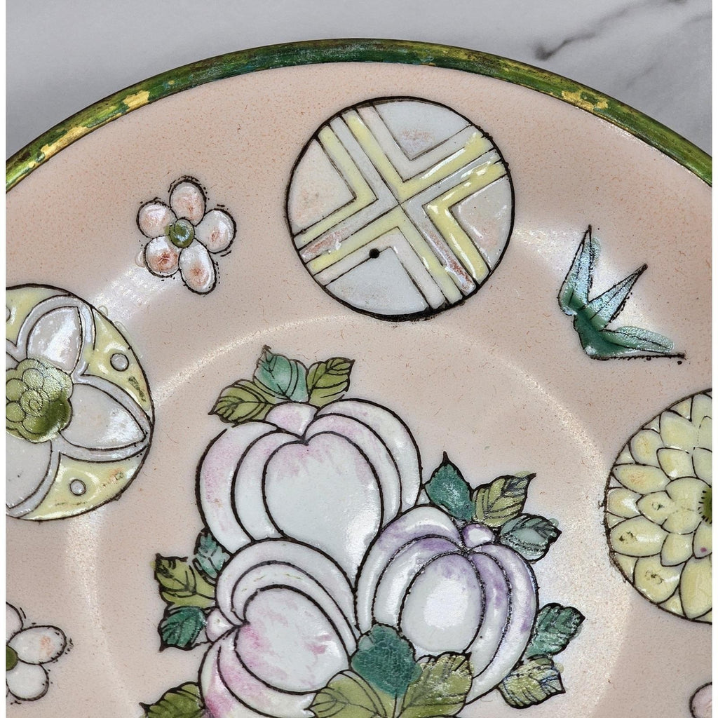 Vintage Hand-Painted Macau Floral Trinket Dish with Gold Rim