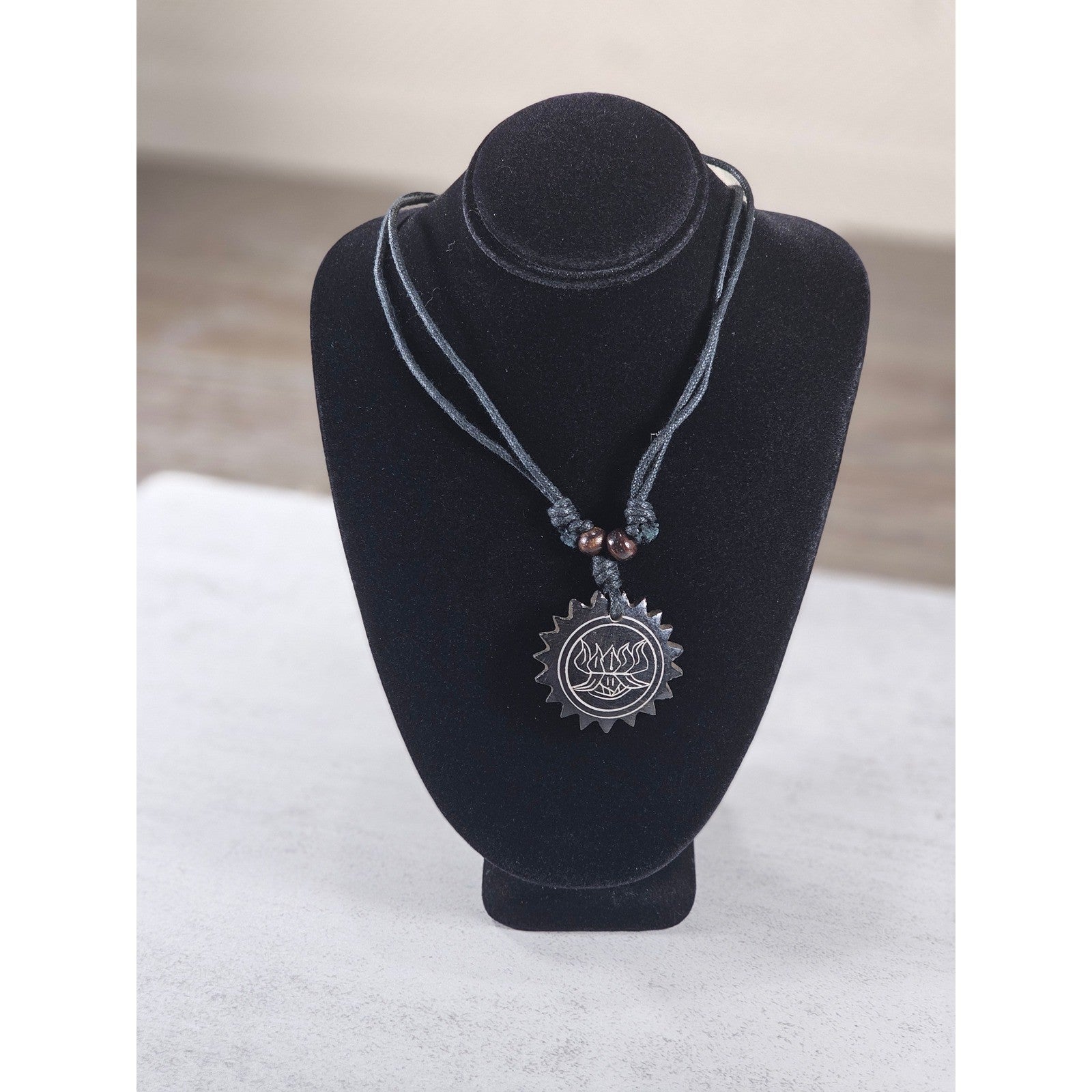 Vintage Carved Black Pendant Necklace Sunburst Lotus Design