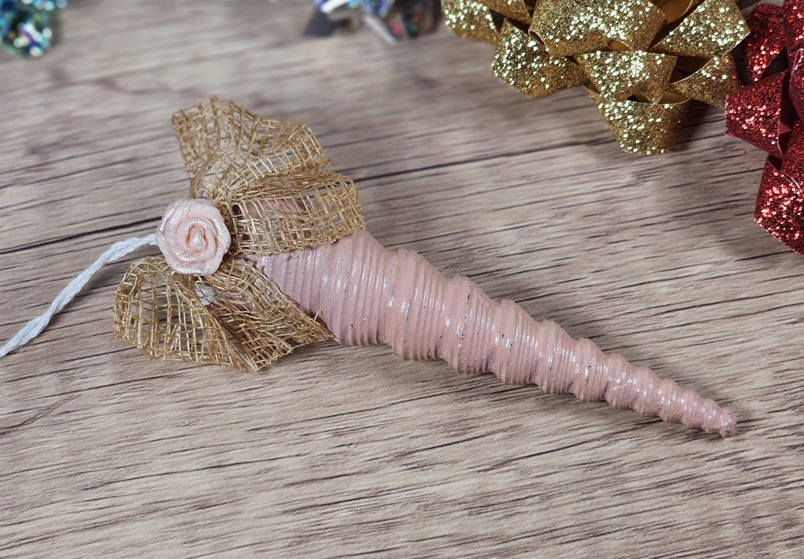 Vintage 90s Pink Auger Shell Ornament With Gold Bow & Rose Decoration 4"