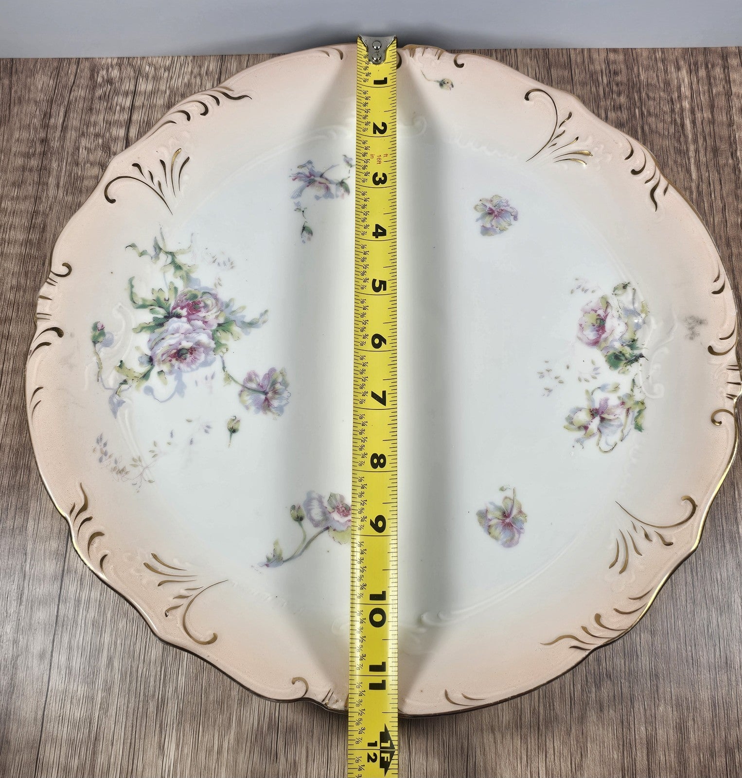11″ Austria Floral Plate Platter Vintage Porcelain Hand-Painted Gold Trim Rustic