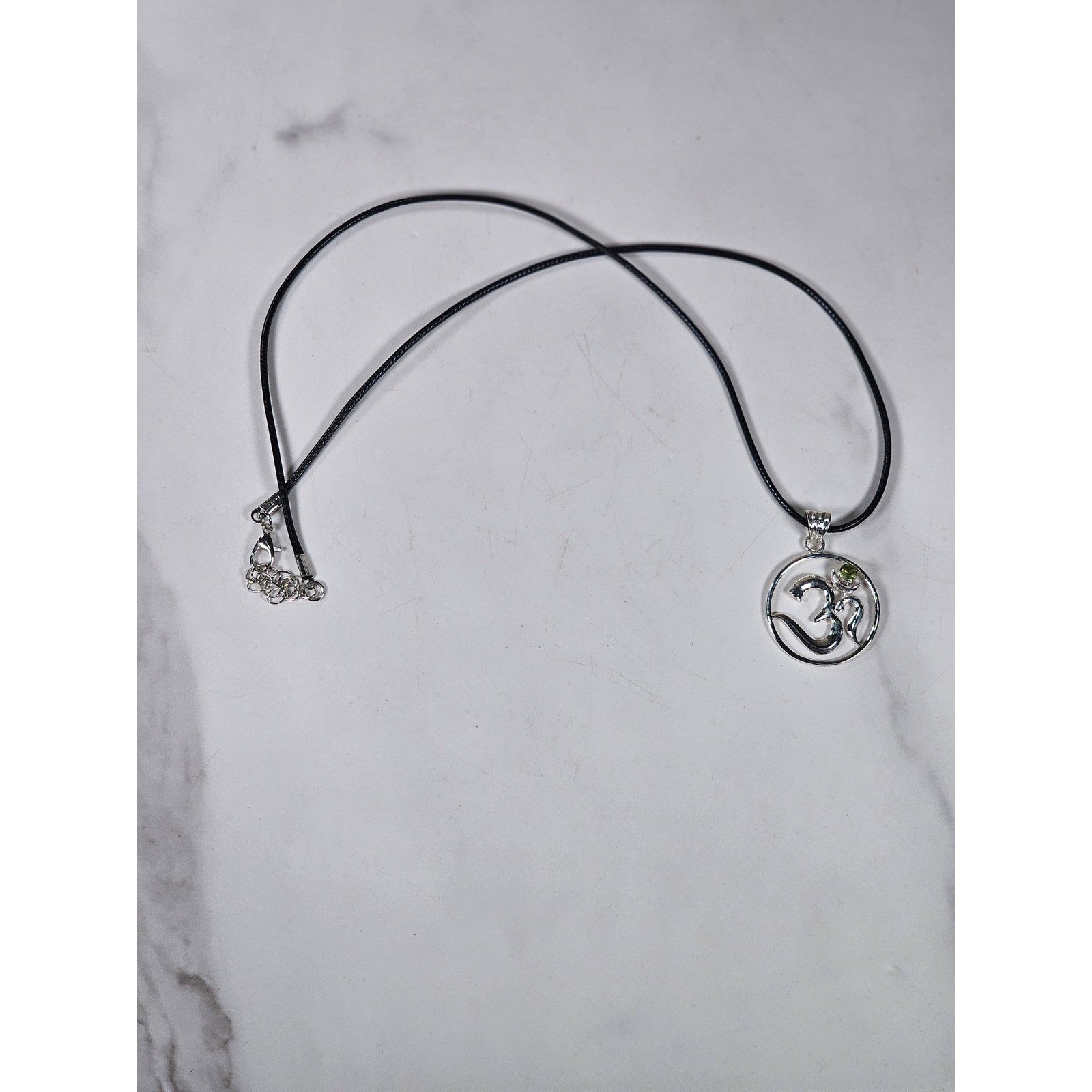 Vintage Sterling Silver Om Pendant with Green Stone Accent