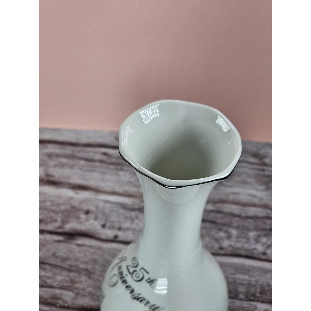 Vintage 25th Anniversary Porcelain Bud Vase with Silver Trim Floral Design