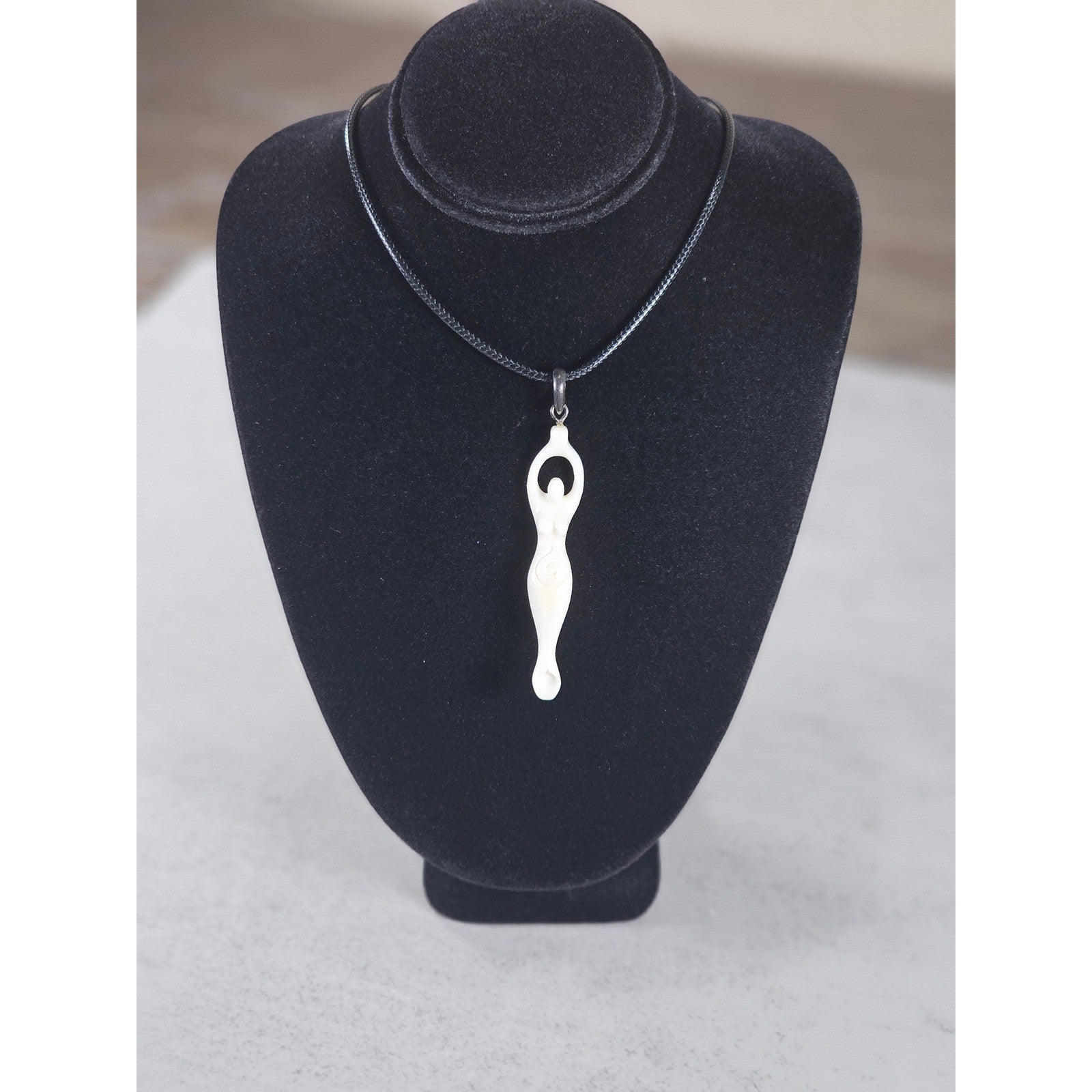 Vintage Carved Goddess Pendant Necklace on Black Cord