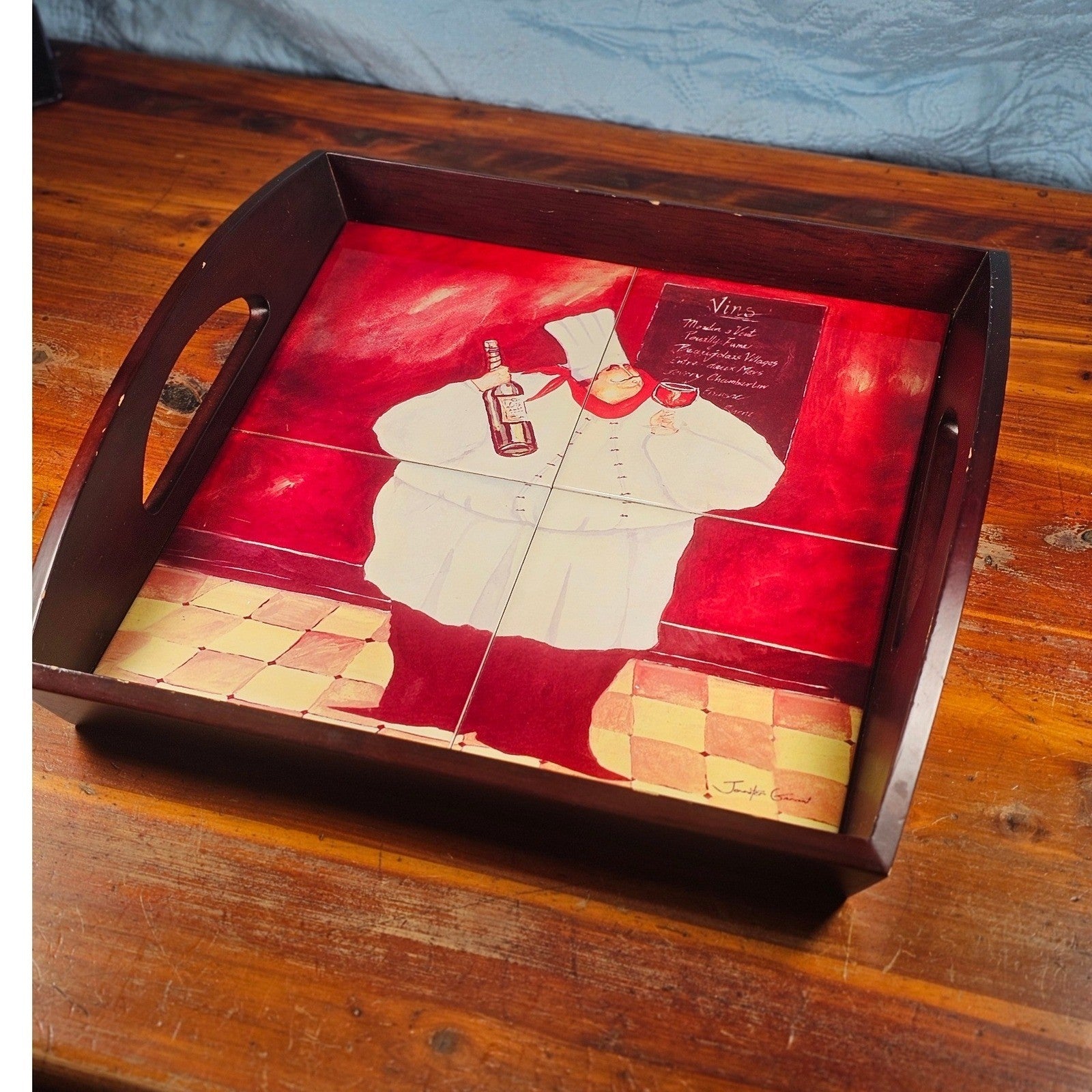 Vintage Tile Art Chef Serving Tray Wine Theme Wooden Handles