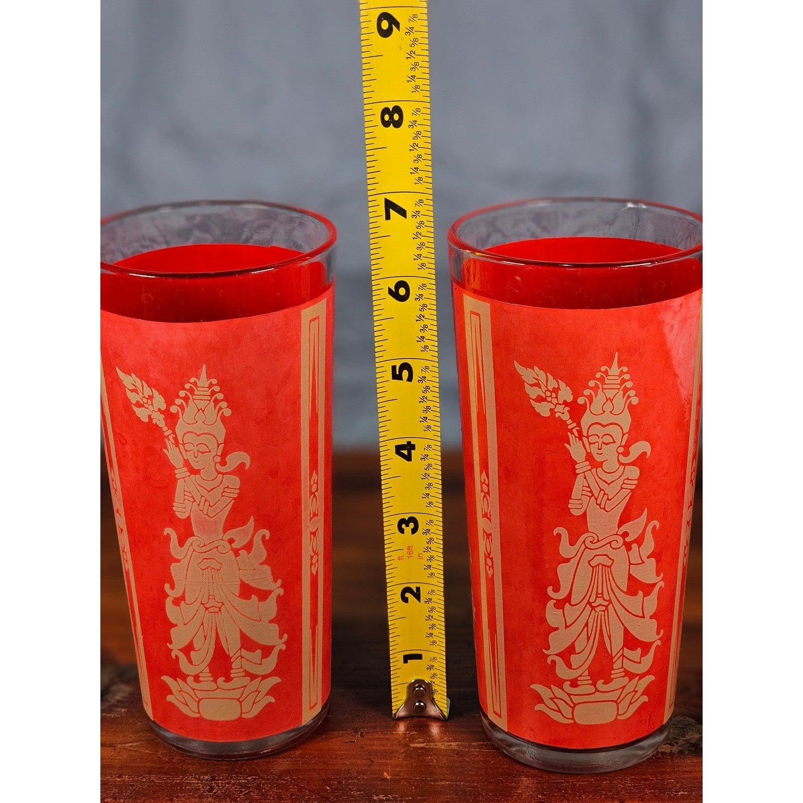Vintage Red Asian Dancer Gold Glasses Set of 2 Tall Drinking Tumblers