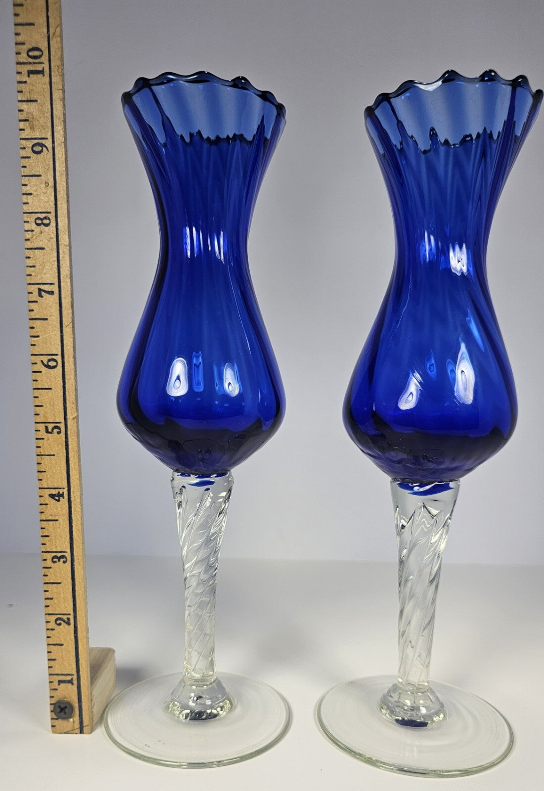 Set of 2 Tall Blue Optic Swirl Wine Goblets – Clear Stem Vintage Glassware 10″