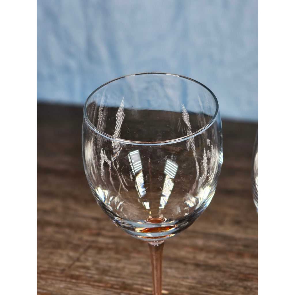 Vintage Pink Stem Wine Glasses Set of 2 Clear Bowl 8.5 Inch
