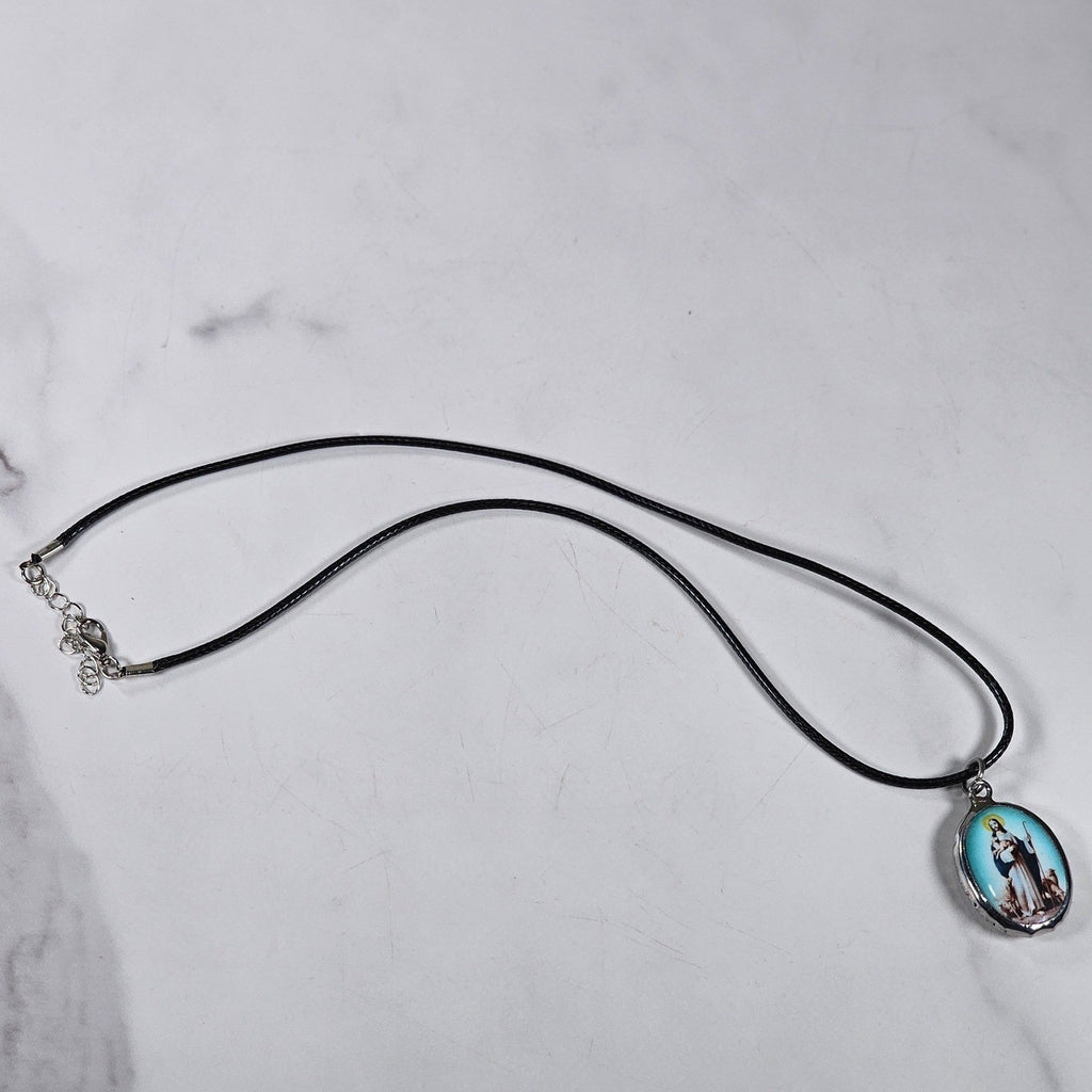 Vintage Religious Shepherd Pendant Aqua Blue Medallion