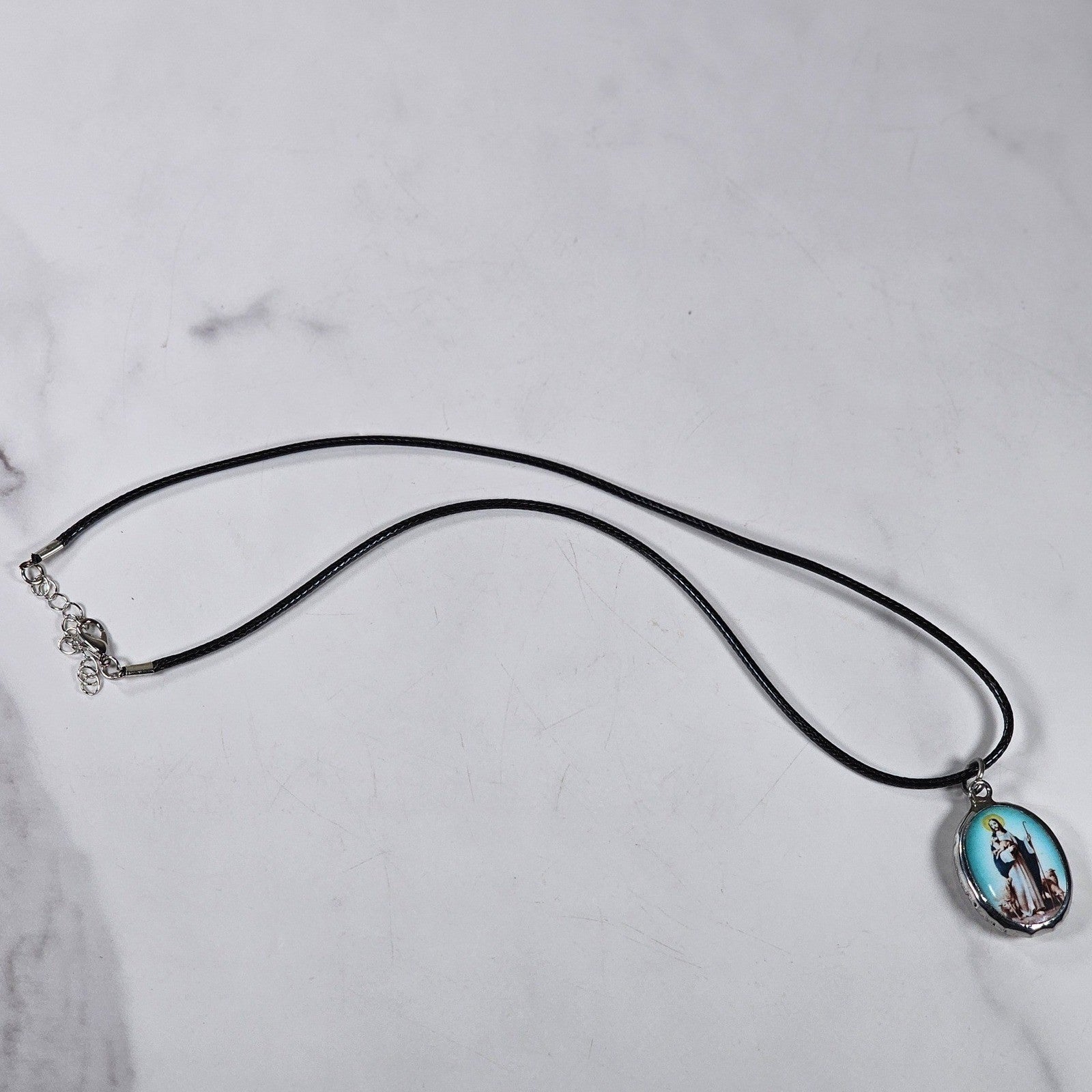 Vintage Religious Shepherd Pendant Aqua Blue Medallion