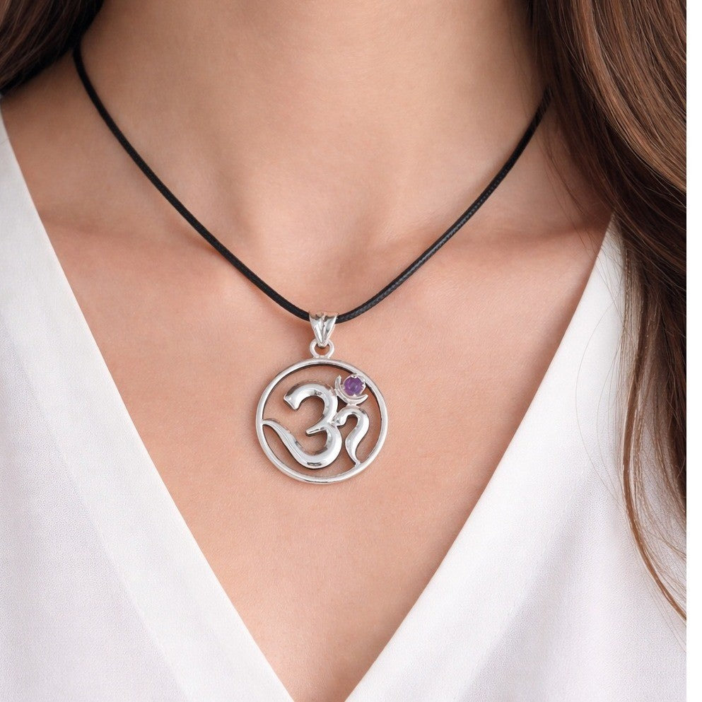 Vintage Sterling Silver Om Pendant with Purple Stone Necklace