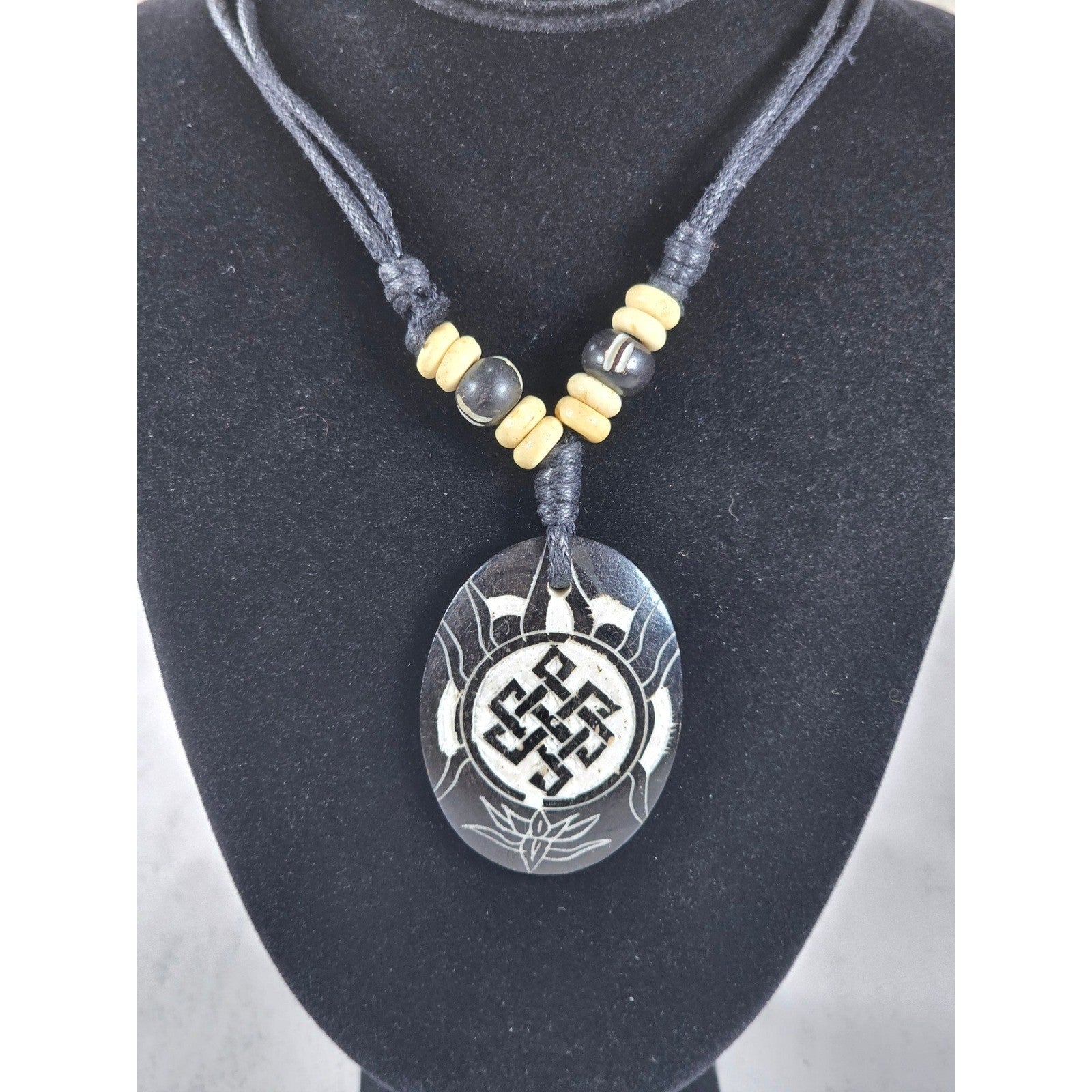Vintage Carved Symbol Pendant Necklace Black Cord Beaded Adjustable