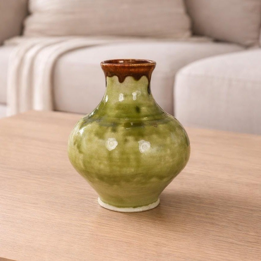 Vintage Drip Glaze Pottery Vase Green Brown 1960s Rustic Decor