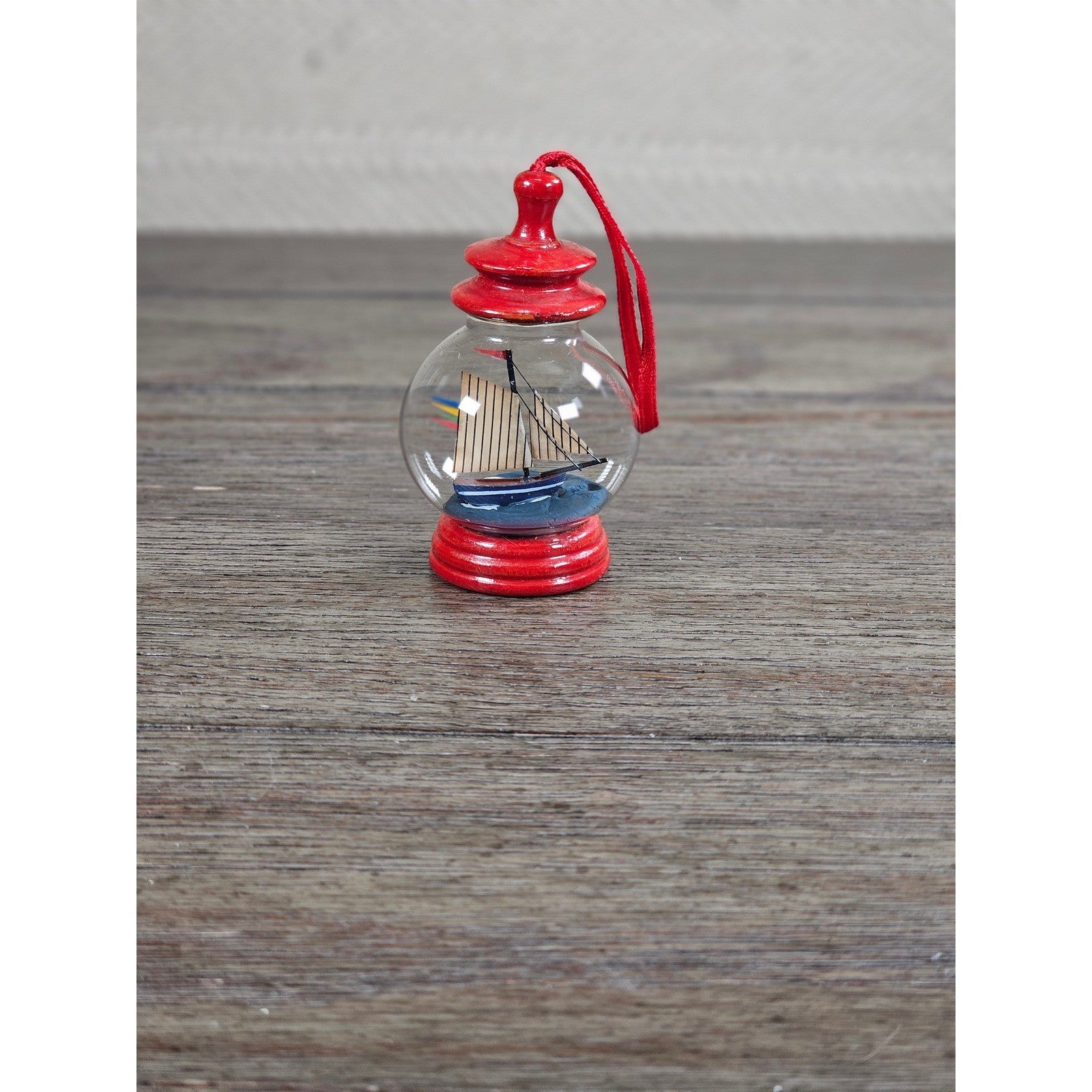 Vintage Style Sailboat Lantern Ornament Wood Glass Nautical Decor