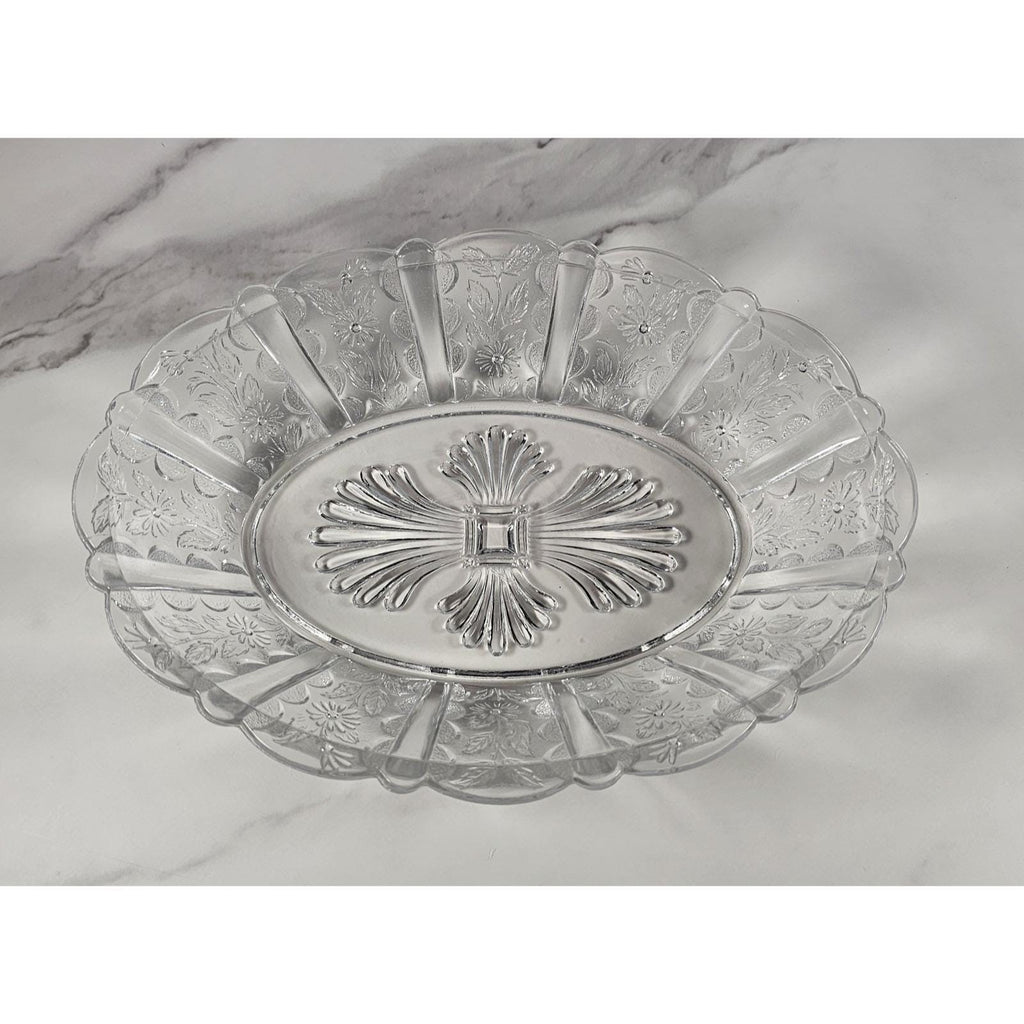 Vintage Clear Glass Sunflower Pattern Oblong Serving Bowl 9"