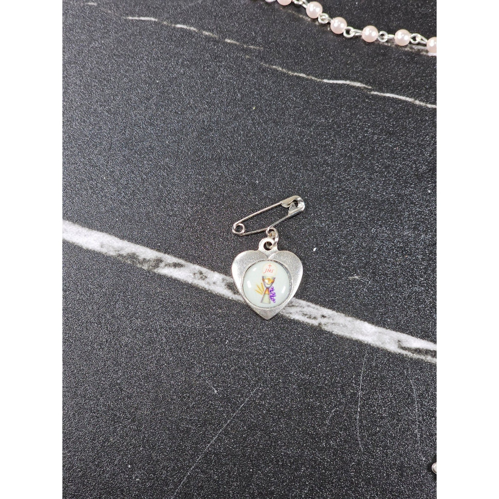 Vintage Rosary Necklace & Heart Pin Set with Case Religious