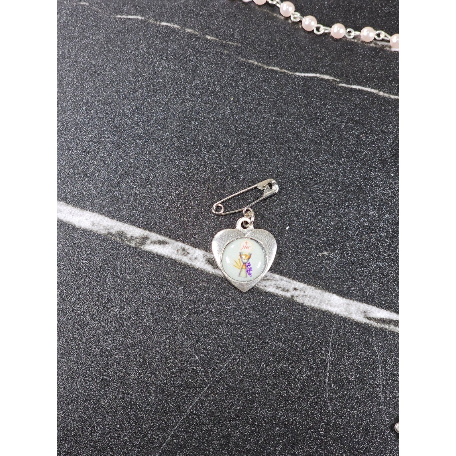Vintage Rosary Necklace & Heart Pin Set with Case Religious