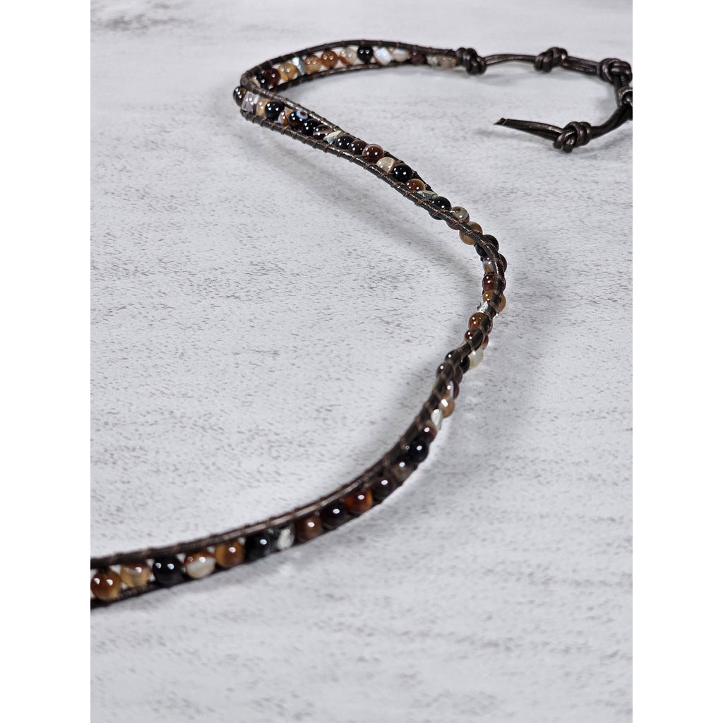 Brown Beaded Wrap Bracelet Leather Cord Multi Tone Stone Boho