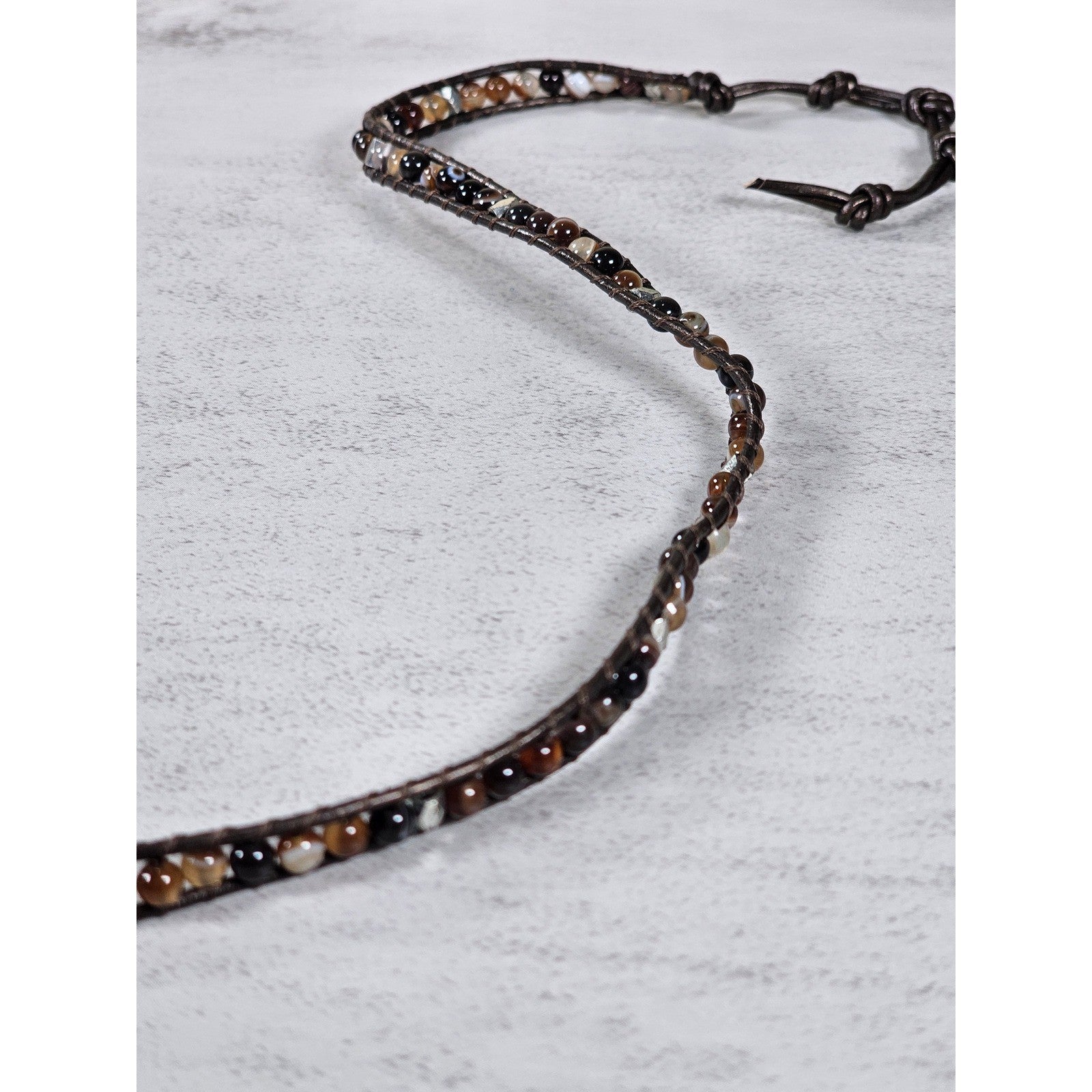 Brown Beaded Wrap Bracelet Leather Cord Multi Tone Stone Boho