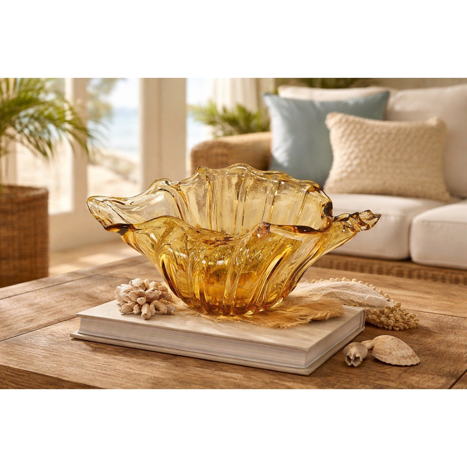 Vintage Amber Glass Conch Shell Bowl Sculpted Swirl Coastal Decor