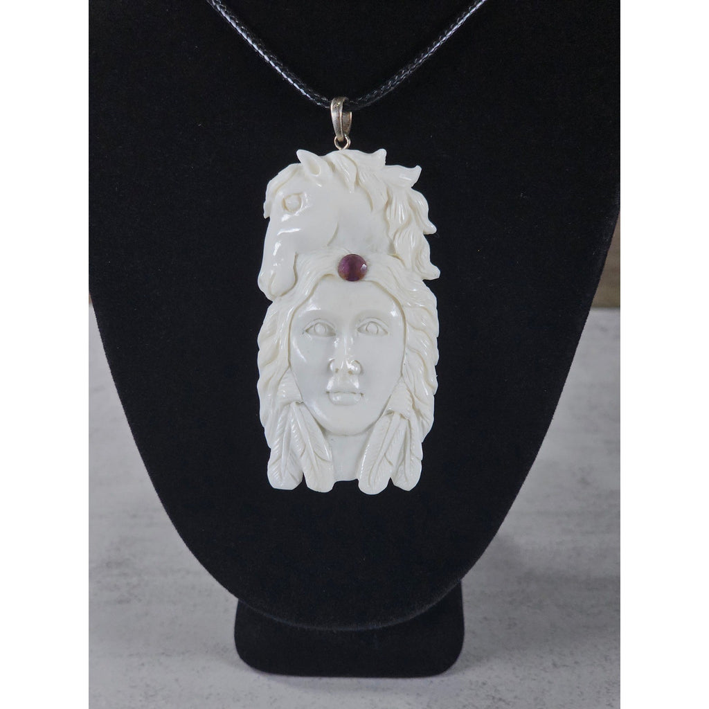 Vintage Carved Face & Horse Pendant Necklace with Red Stone