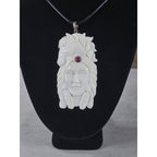 Vintage Carved Face & Horse Pendant Necklace with Red Stone